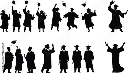 Black silhouettes of graduates in caps and gowns celebrating, throwing hats, jumping, clapping, holding diplomas icons isolated on white background