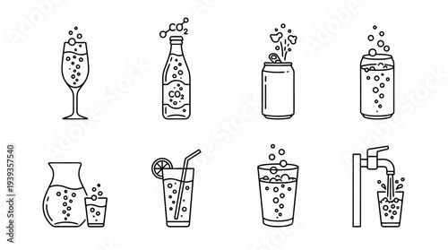 collection of sparkling water, minimal thin icon vector set , white background , PNG and SVG isolate