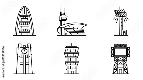 collection of stadium tower, minimal thin icon vector set , white background , PNG and SVG isolate