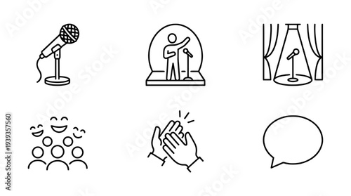 collection of standup comedy, minimal thin icon vector set , white background , PNG and SVG isolate