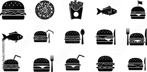 Black silhouettes of hamburgers, pizza, french fries, fish, fast food icons with utensils, straws, flags arranged on white background