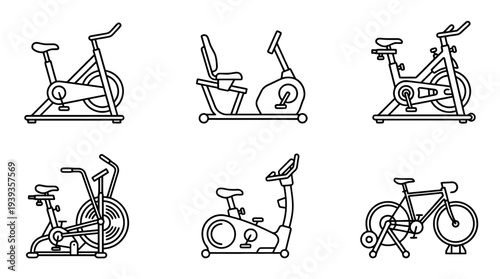 collection of stationary bike, minimal thin icon vector set , white background , PNG and SVG isolate