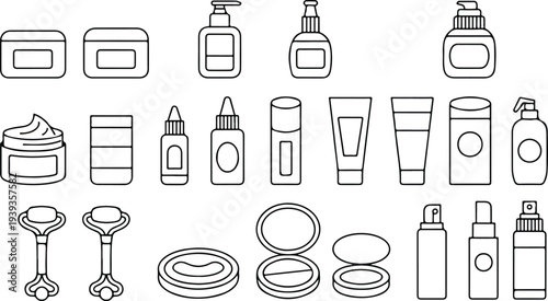 Skincare Packaging Icons Set Cream Jars, Serum Bottles, Tubes, and Droppe
