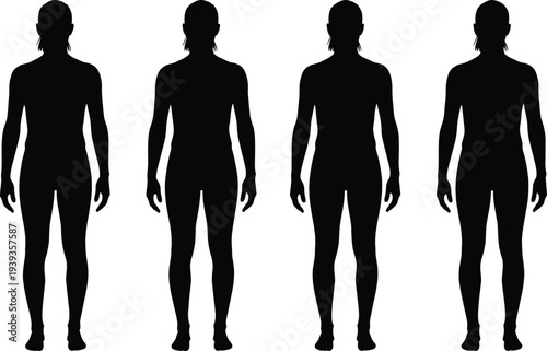 Black silhouettes of human figures standing upright in row, identical shapes, minimalist design, vector illustration, uniform concept, isolated white background