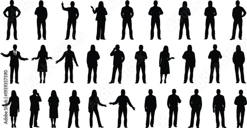 Collection of twenty-five human silhouettes in standing poses, body language illustration, gesture recognition concept, casual and business attire detail