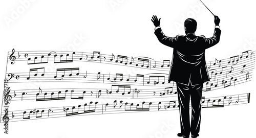 Conductor silhouette with raised baton leading flowing musical notes, dynamic orchestra performance concept, vector illustration, isolated black design on white background