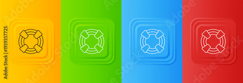 White Lifebuoy icon isolated on colorful background. Lifebelt symbol. Set icons in square buttons. Vector