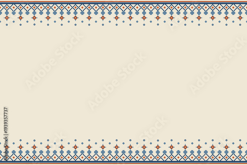 Seamless pixel folk border pattern placed on the top and bottom edges of a beige background. Geometric blue and orange motifs with a horizontal symmetric layout for fabric and print use.