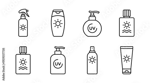 collection of sunscreen bottle, minimal thin icon vector set , white background , PNG and SVG isolate