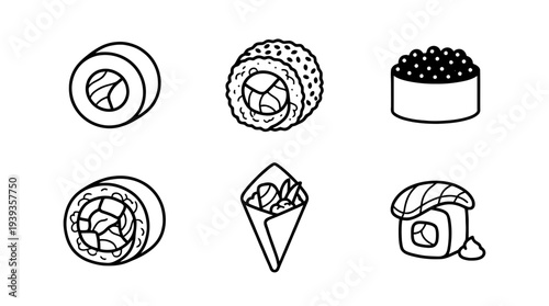 collection of sushi roll, minimal thin icon vector set , white background , PNG and SVG isolate