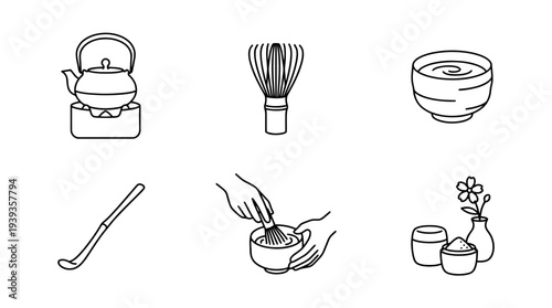 collection of tea ceremony, minimal thin icon vector set , white background , PNG and SVG isolate