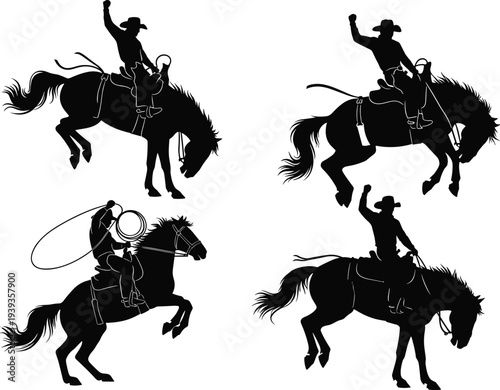 Cowboy horseback riding silhouette vector illustration, western rodeo lasso horse rider dynamic action decorative isolated design for stock discoverability