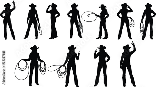 Cowboy silhouettes in dynamic poses with hats and lassos, vector illustration of Western culture, ranch lifestyle, symbolic artwork design