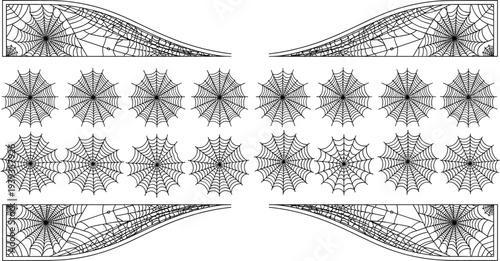Intricate spider web vector collection featuring gothic corner borders and circular cobweb patterns in black ink style for Halloween and spooky design projects. (24 words)