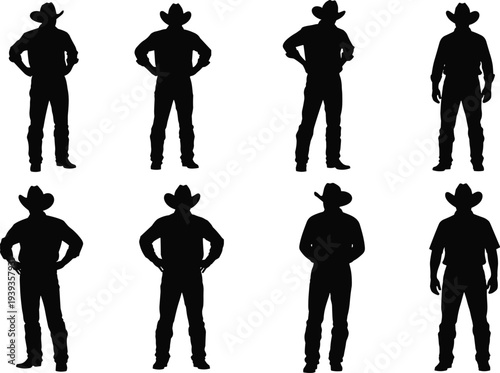 Cowboy silhouettes wearing hats and boots, western people in standing poses, rural ranch illustration, country lifestyle vector, cowboy men silhouettes