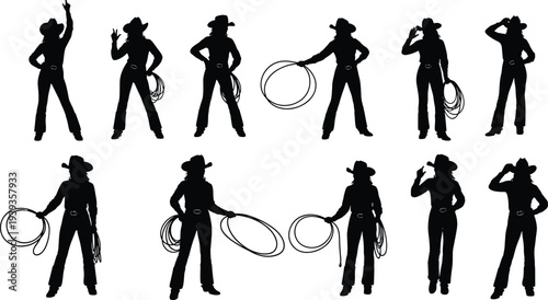 Cowboy silhouettes, lasso poses, western culture, rodeo stances, tipping hat, boots and hat, dynamic cowboy lifestyle vector illustration