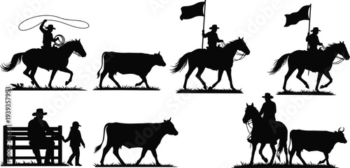 Cowboy silhouettes, ranch life scenes, horseback riding, cattle ranching, lasso action, western culture, traditional cowboy lifestyle vector illustration