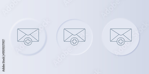 Grey Envelope icon isolated on grey background. Received message concept. New, email incoming message, sms. Mail delivery service. Set icons in square buttons. Vector