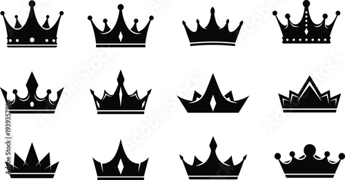 Crown silhouette vector illustration, royal luxury authority decorative headpiece icon design isolated for stock discoverability
