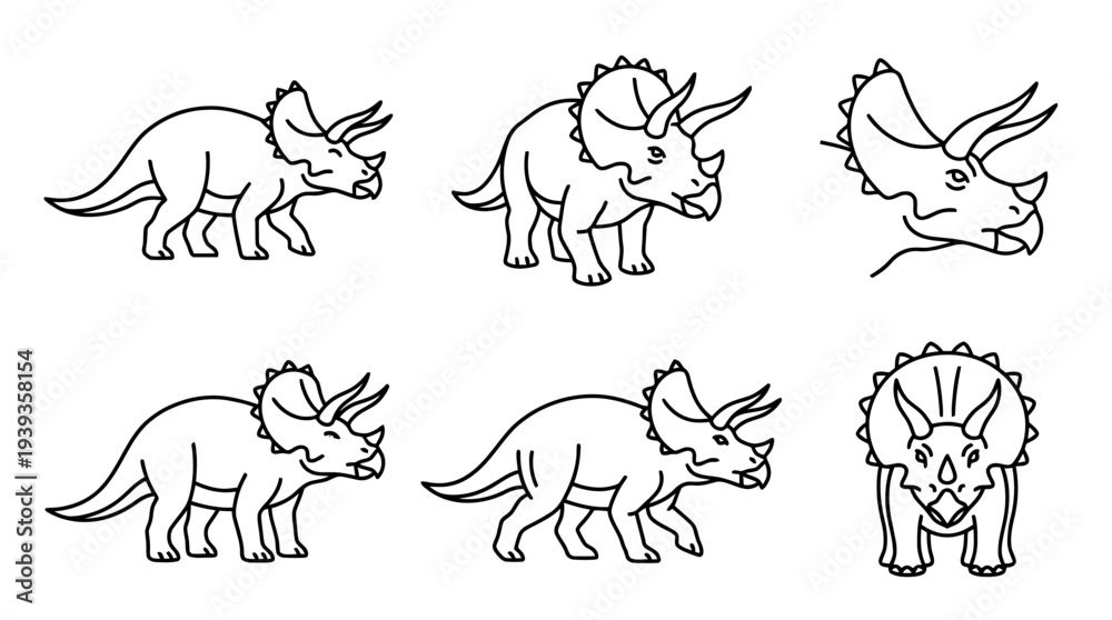 Fototapeta premium collection of triceratops, minimal thin icon vector set , white background , PNG and SVG isolate