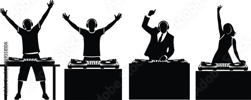DJ silhouettes behind turntables in diverse outfits, music performance vector illustration, party entertainment culture, nightclub and festival scene art