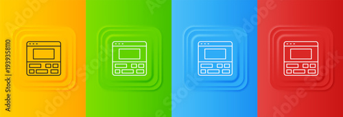 White Video recorder or editor software on laptop icon isolated on colorful background. Video editing on a laptop. Set icons in square buttons. Vector