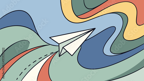 Paper plane flying through colorful abstract waves symbolizing creativity and freedom