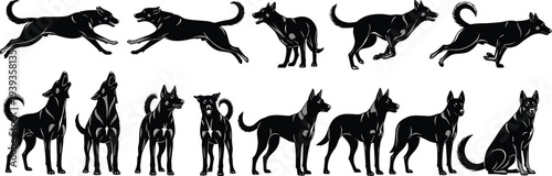 Dog silhouette sequence showing running, jumping, walking, sitting, standing, turning poses, dynamic motion, static positions, animal behavior illustration