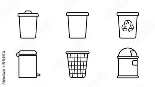 collection of trash bin, minimal thin icon vector set , white background , PNG and SVG isolate