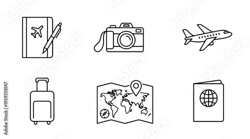 collection of travel journal, minimal thin icon vector set , white background , PNG and SVG isolate
