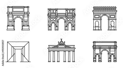 collection of triumphal arch, minimal thin icon vector set , white background , PNG and SVG isolate