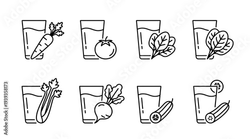 collection of vegetable juice, minimal thin icon vector set , white background , PNG and SVG isolate