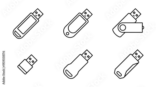 collection of usb flash drive, minimal thin icon vector set , white background , PNG and SVG isolate