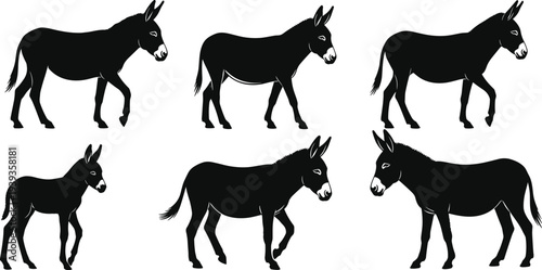 Donkey silhouettes in varied poses, vector illustration of livestock, agriculture, rural animal design for farming, symbolic artwork, educational use