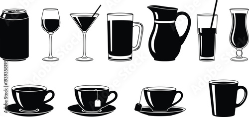 Drinkware silhouettes of cups, mugs, glasses, pitcher, beer mug, wine glass, cocktail, tea, coffee vector illustration for hospitality, design, education