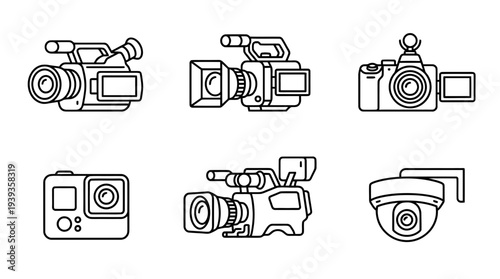 collection of video camera, minimal thin icon vector set , white background , PNG and SVG isolate