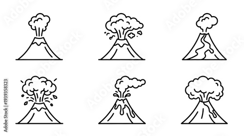 collection of volcano eruption, minimal thin icon vector set , white background , PNG and SVG isolate