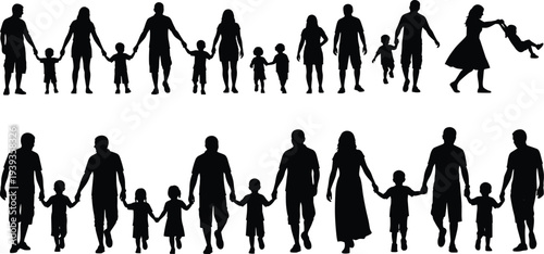 Family group silhouette vector illustration, parents children holding hands walking unity care together decorative isolated design for stock discoverability