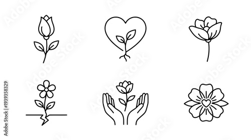collection of vulnerability flower, minimal thin icon vector set , white background , PNG and SVG isolate