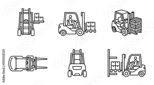 collection of warehouse forklift, minimal thin icon vector set , white background , PNG and SVG isolate