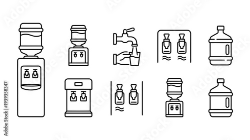 collection of water dispenser, minimal thin icon vector set , white background , PNG and SVG isolate