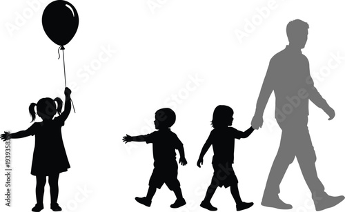 Family silhouettes of children and adult walking, vector illustration of childhood, growth, parental bond, development, symbolic artwork design
