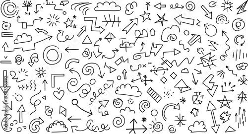A collection of various hand drawn doodles and symbols on a white background