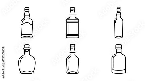 collection of whiskey bottle, minimal thin icon vector set , white background , PNG and SVG isolate