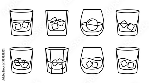 collection of whiskey glass, minimal thin icon vector set , white background , PNG and SVG isolate