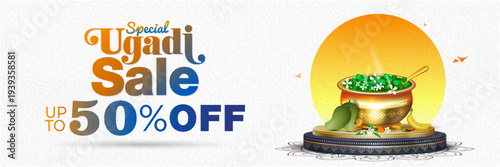 Ugadi festive sale advertising marketing banner poster background design. Indian traditional Yogadi food and podium illustration for product presentation and display concept.