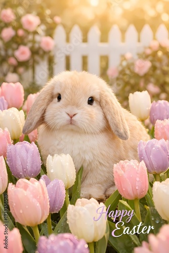 Cream Holland Lop bunny sitting among pastel pink, lavender, white tulips with morning dew. White picket fence background. Golden light. 