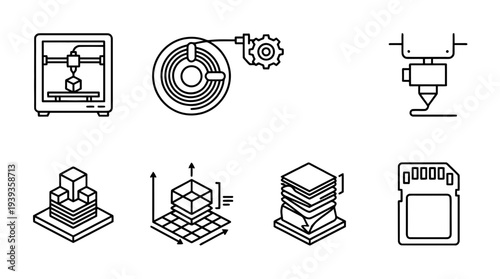 collection of 3d printer, minimal thin icon vector set , white background , PNG and SVG isolate