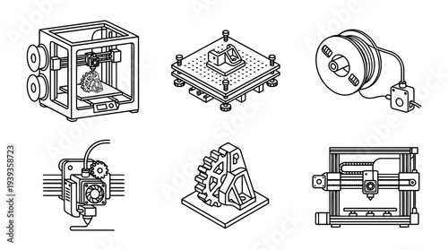 collection of 3d printer industrial, minimal thin icon vector set , white background , PNG and SVG isolate