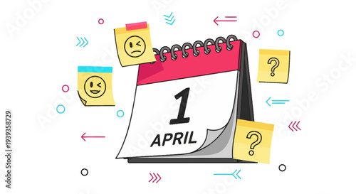 Colorful calendar page showing april 1st with sticky notes and question marks on a white background